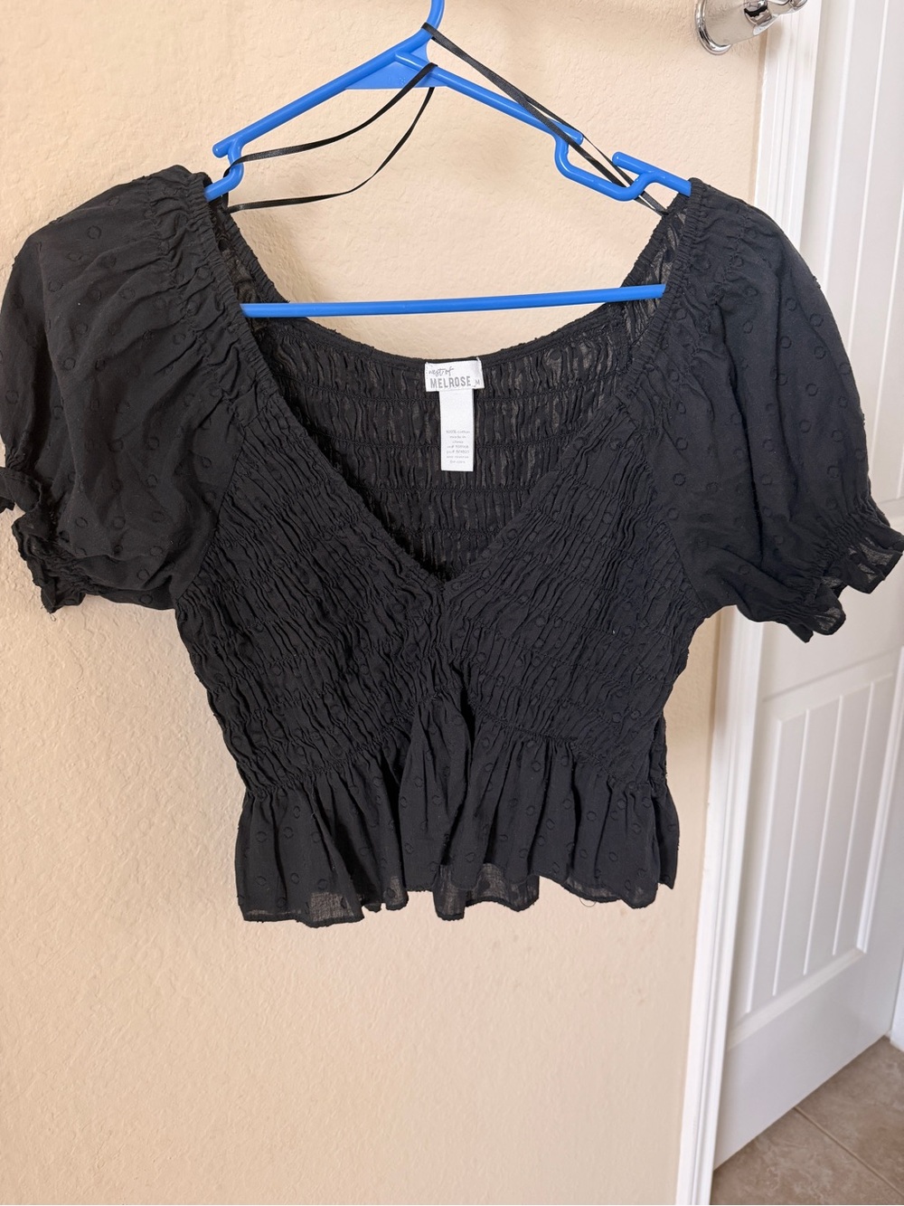 Melrose Black Smocked V-Neck Puff-Sleeve Top